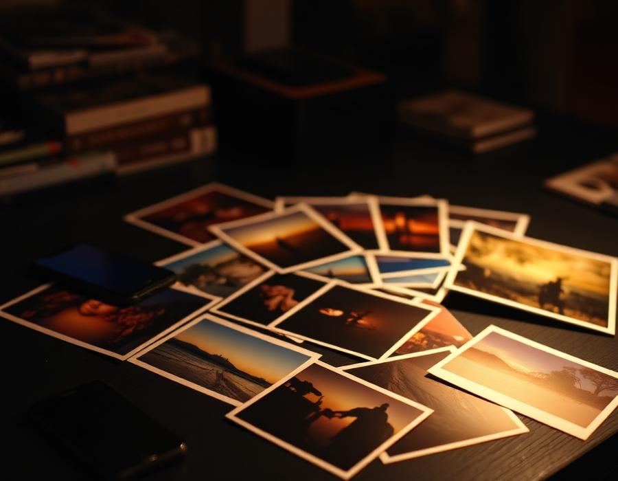 Fotos reveladas sobre uma mesa